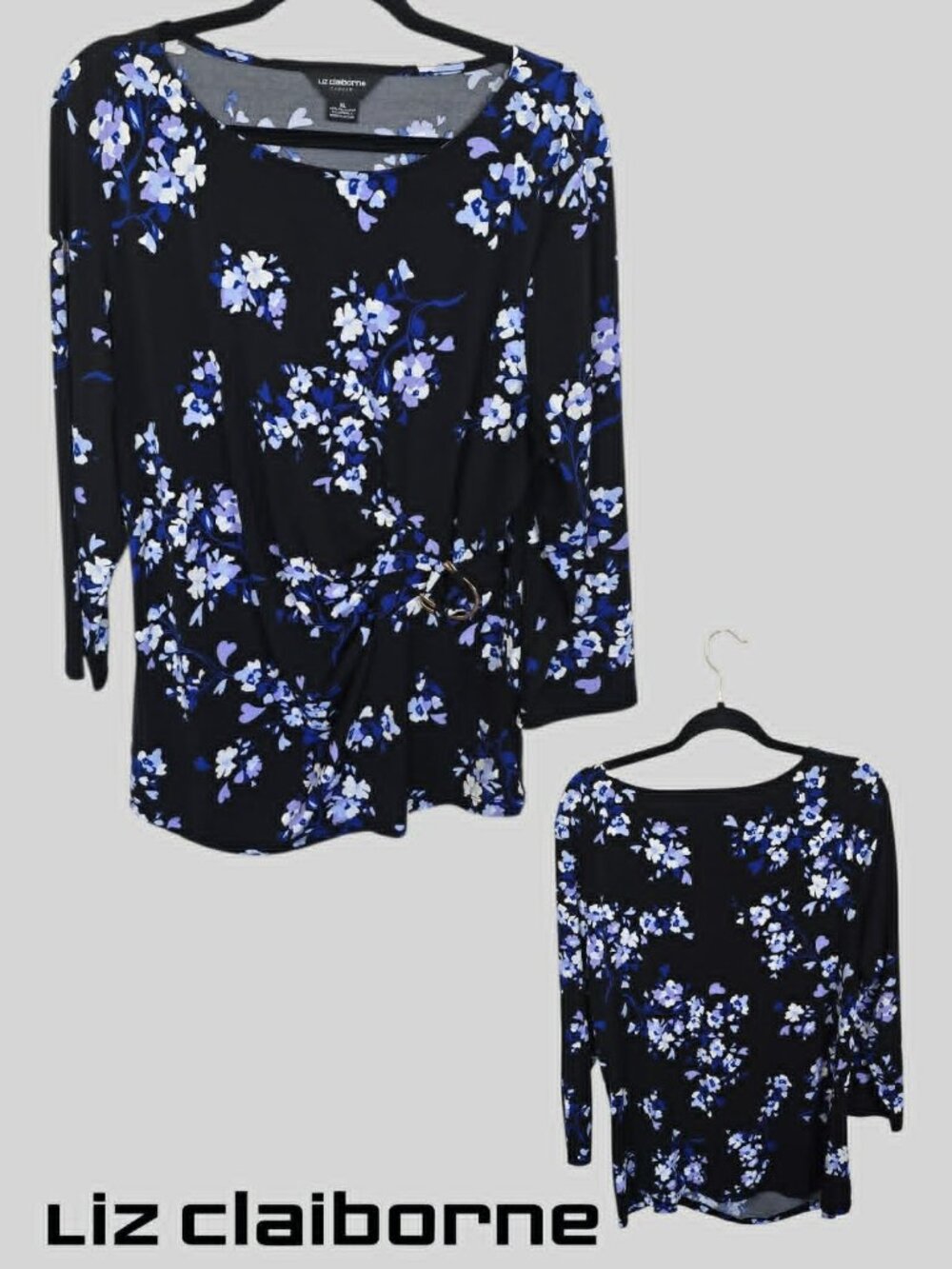 Liz Claiborne Blue Floral Career Casual Blouse Faux Wrap Top Womens XL